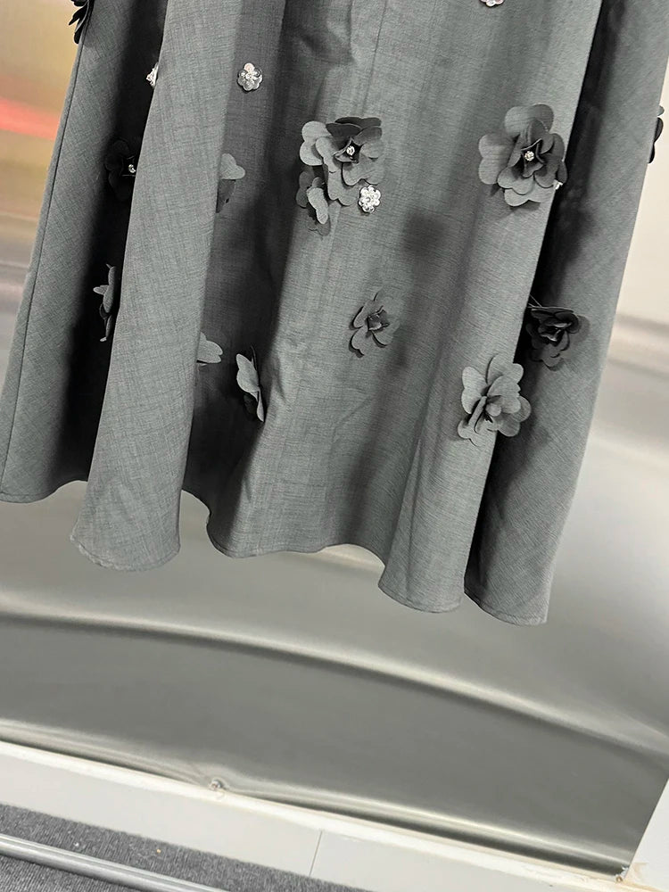 VGH Spliced Appliques Two Piece Sets For Women Round Neck Long Sleeve Coats High Waist A Line Skirts Elegant Slim Set Female New