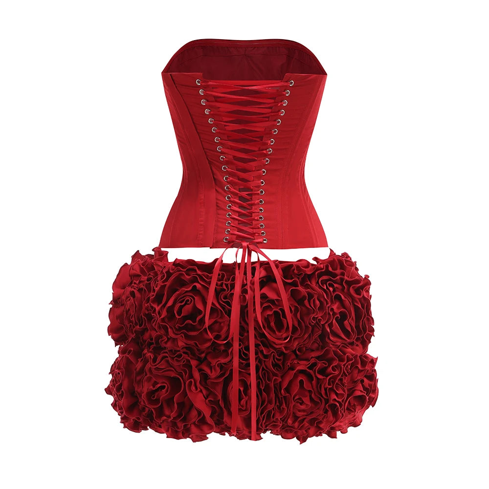 Women's Sexy Strapless Red Mini Skirt and Off-Shoulder Corset Top Two-Piece Set Lace Up Elegant Quality Luxury Party Dress
