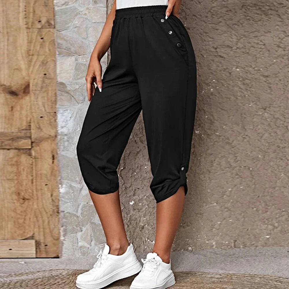 Women Elastic Waist Pants Summer Solid Color Casual Trousers Bottom Elegant Fashion Office Lady Loose Cropped Pants S-3XL