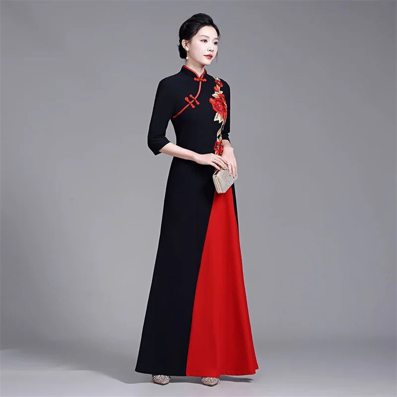 2025 Summer Women New Middle aged Elderly Dress Improved High end Non Ironing Show Elegant Slim And Long Embroide Red Dress 6XL