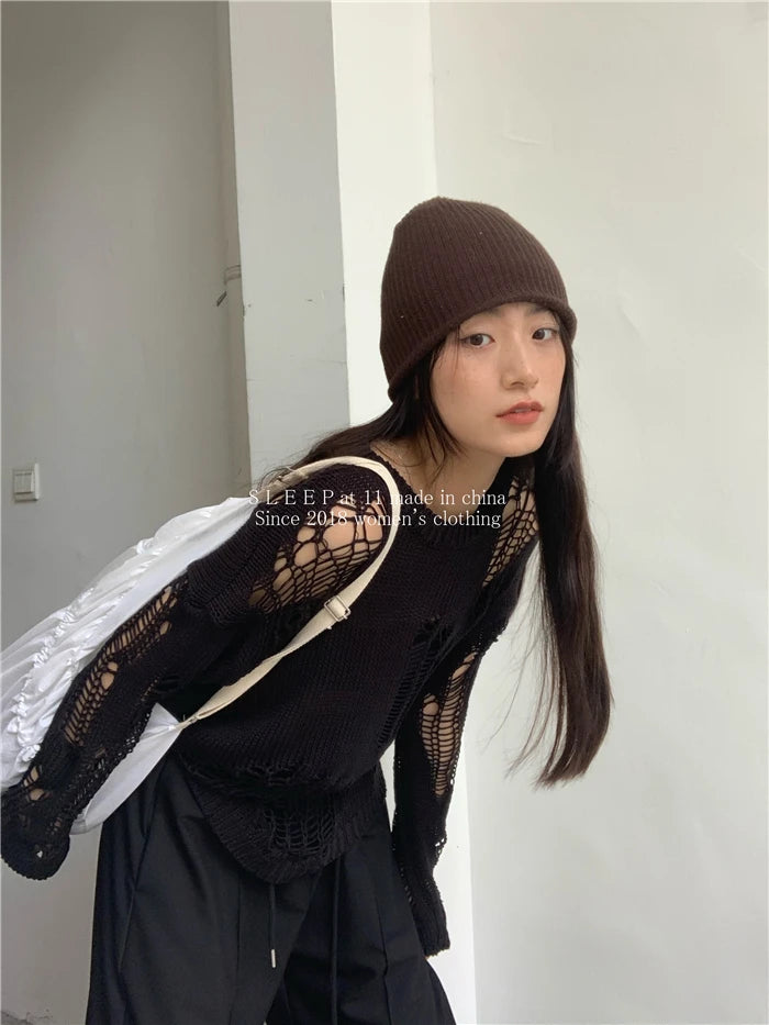 Karrram Gothic Hollow Out Sweater Hole See Through Oversized Knitted Pullovers Emo Streetwear Grunge Clothes Y2k Tops Spring