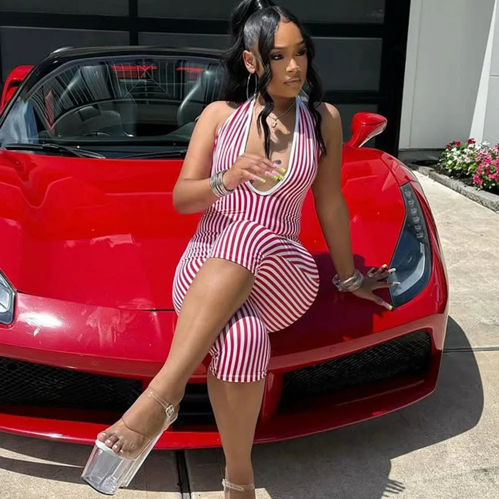 FAGADOER Casual Striped Patchwork Bodycon Romper Women Red Halter Deep V-neck Backless Jumpsuit Female Streetwear Overalls New