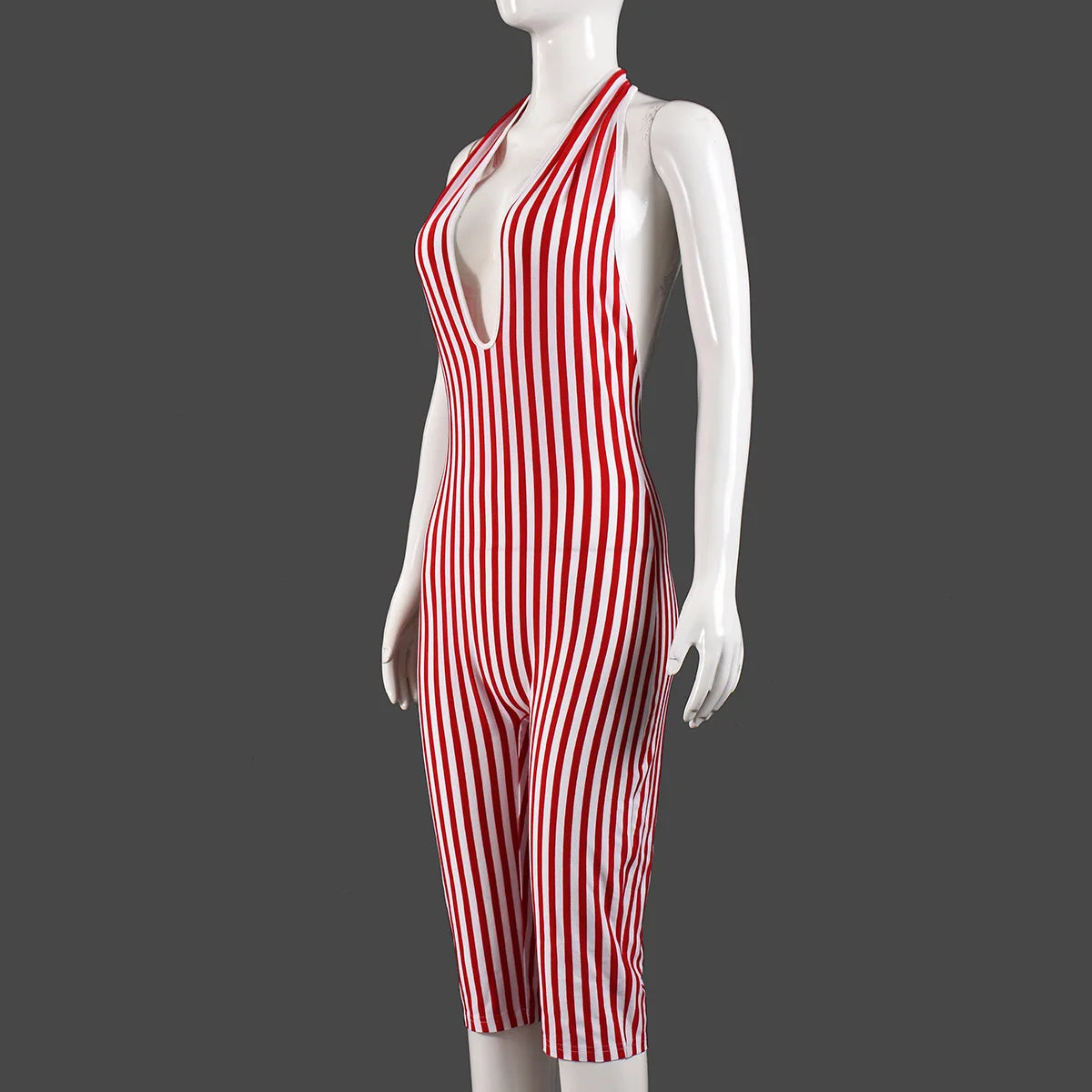 FAGADOER Casual Striped Patchwork Bodycon Romper Women Red Halter Deep V-neck Backless Jumpsuit Female Streetwear Overalls New