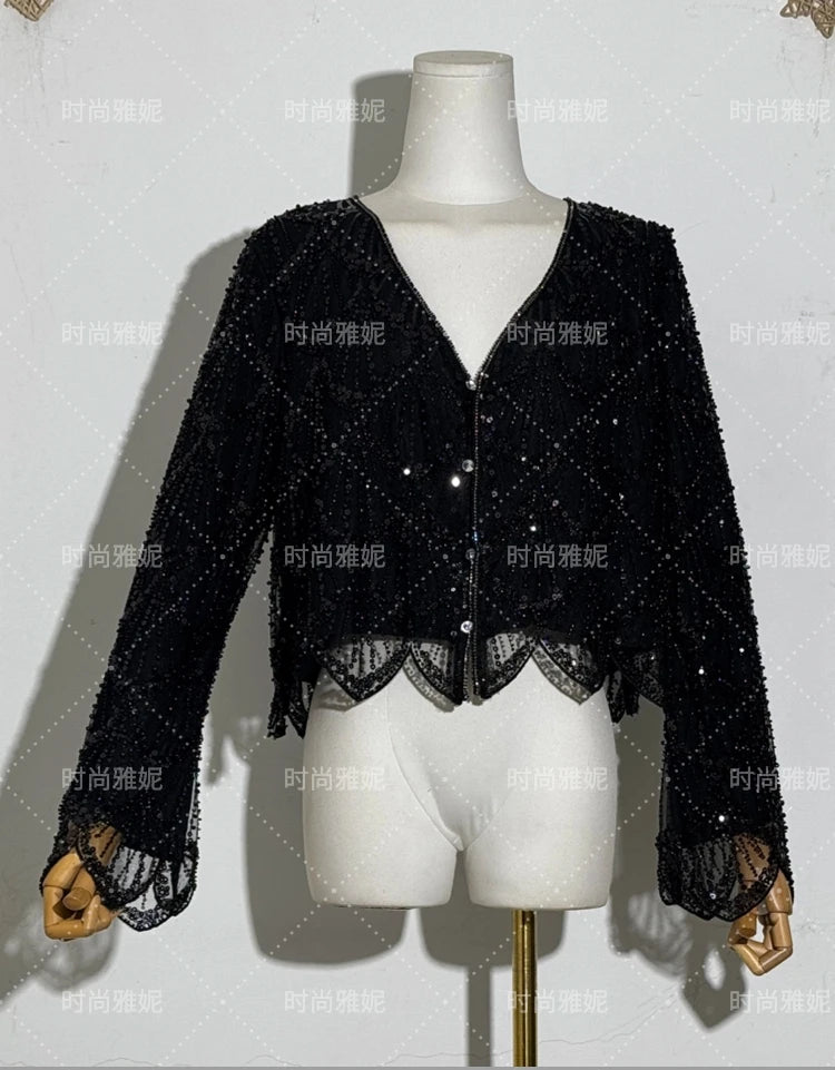 Fashion New Fashion Long-sleeved Sequined Pearl Bead Cardigan Women's Top High-waisted Skirt 2-piece 2025 Spring New Skirt Sets
