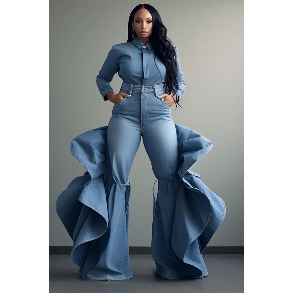 Plus Size Women's New Daily Casual Blue Pink Spring and Autumn Solid Color Casual Button Long Sleeve Denim Blouse