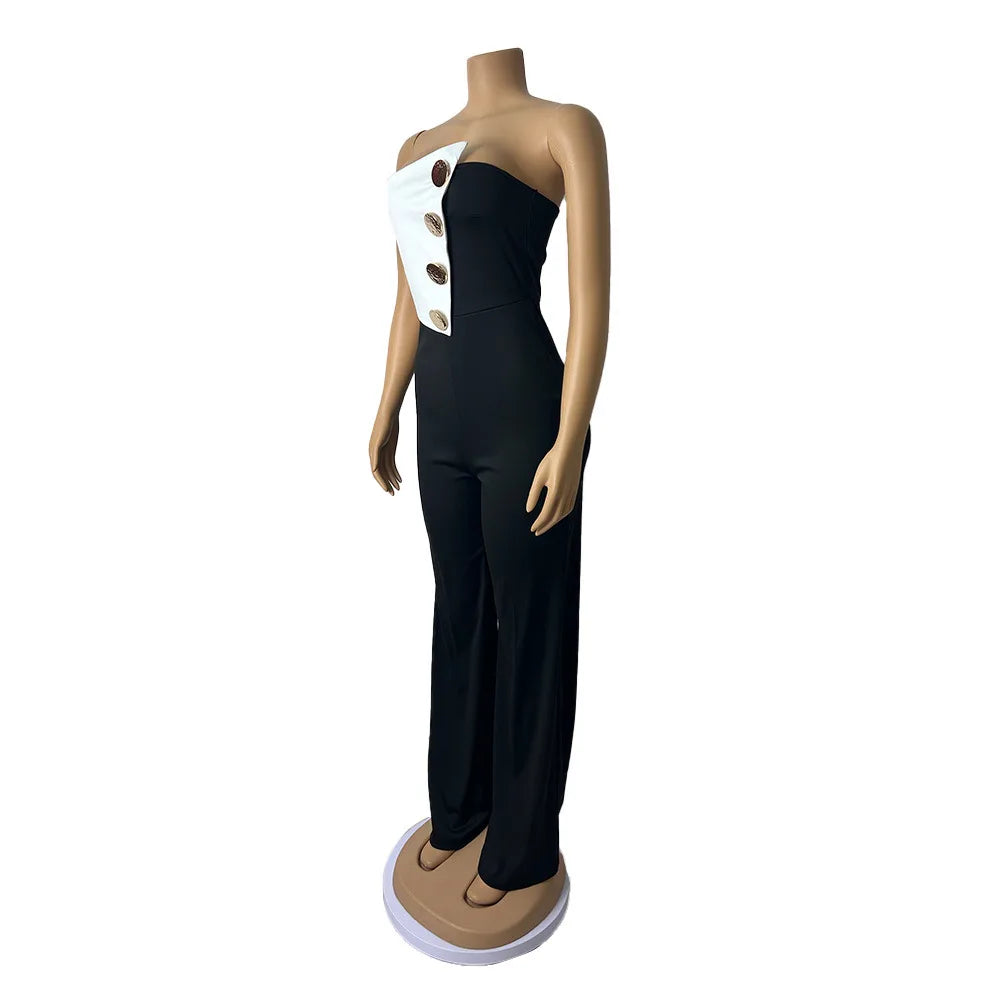 CM.YAYA Elegant Button Strapless Sleeveless Irregular Girl Jumpsuits 2025 Spring Women's Overalls Outfits Night Club One Piece