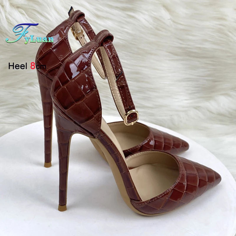 Crocodile Embossed Pointed Toe Buckle Stiletto Sandals for Women