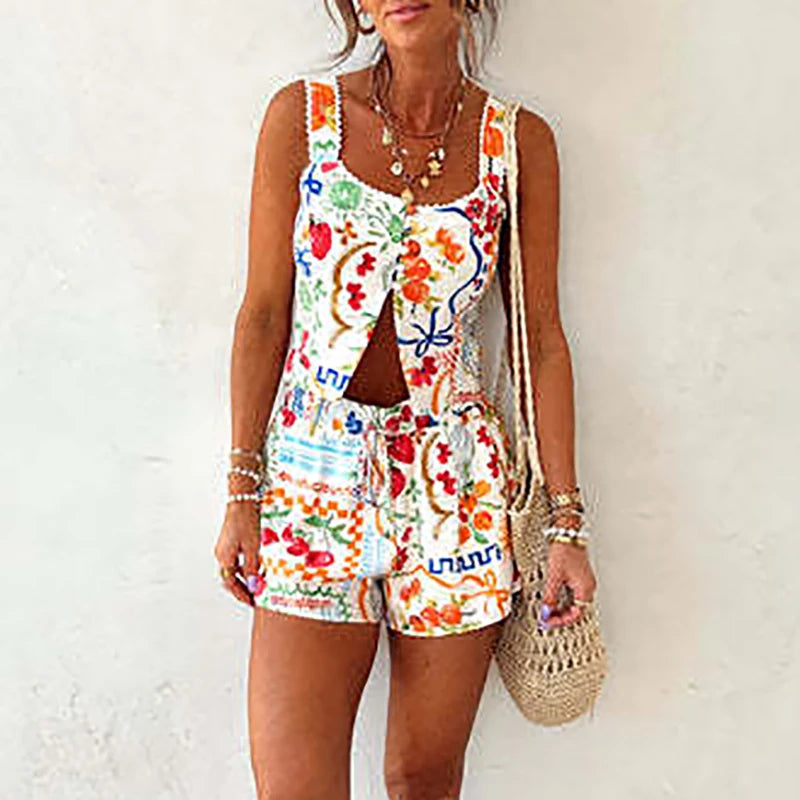 Bohemian Lace Up Shorts Beach Suit Fashion Hollow Out Backless Summer Two Piece Vacation Printed Suspenders Top Women's Outfits