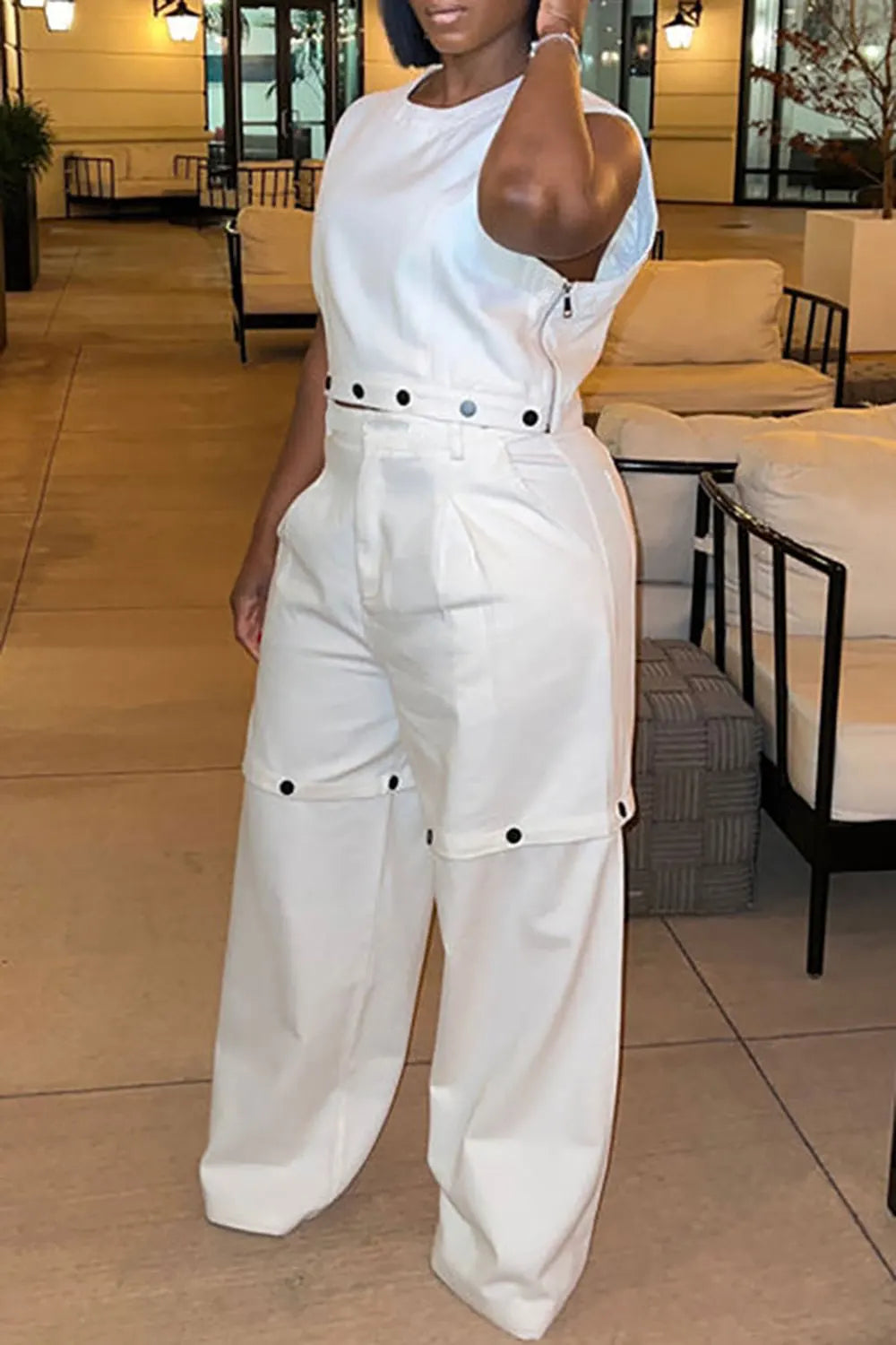 Plus Size Casual Pant Set White Round Neck Detachable Two Piece Pant Set With Pocket