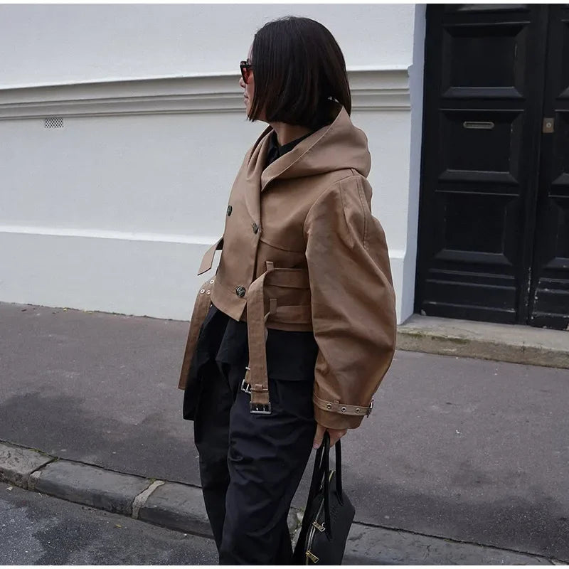 Khaki Cotton Blended Double Breasted Puff Sleeve Coat For Women