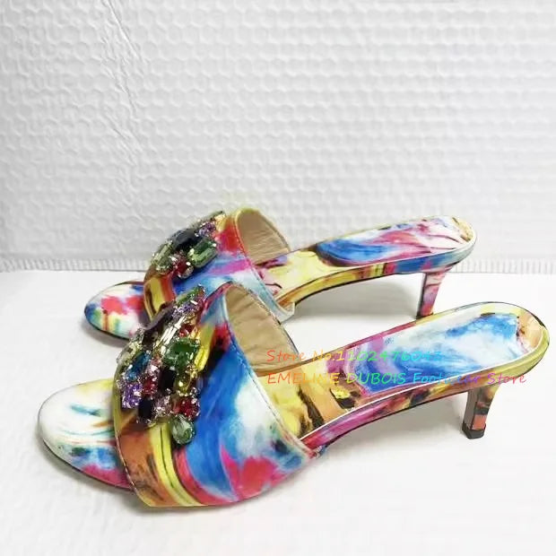 Flower Print Crystal High Heel Mules Women Open Toe Rhinestone Stiletto Heel Med Heel Slippers Elegant Outside Dress Shoes