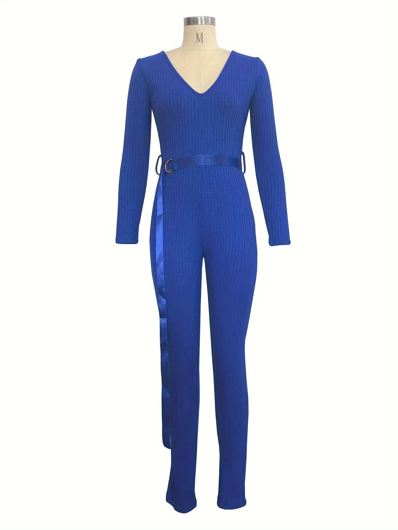 Women Jumpsuits Rompers Ribbed Knitting Skinny Sexy Deep V Neck Long Sleeve Casual Playsuits Club Overalls With Belt