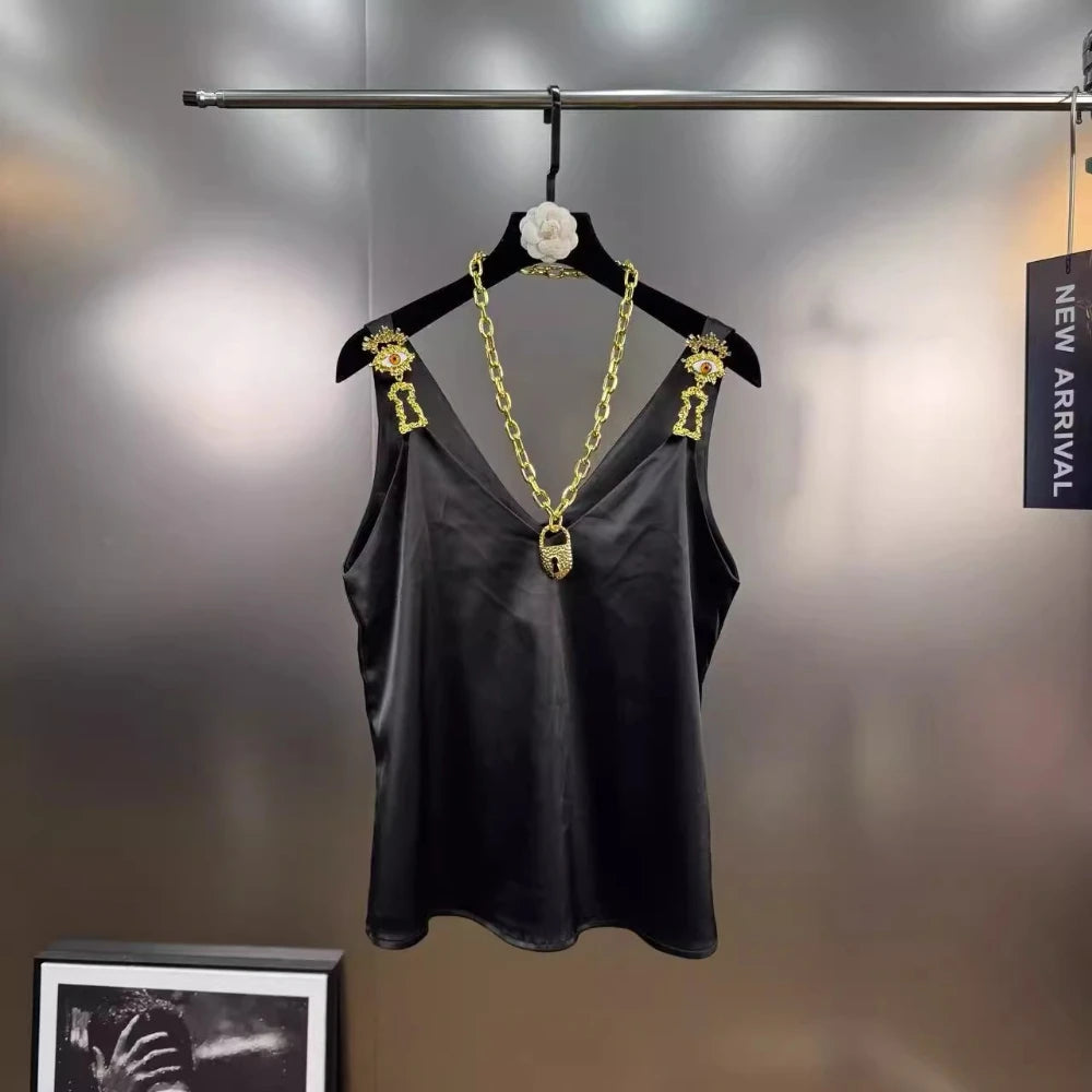 VGH Solid Color Spliced Metal Chain Basics Vest for Women V Neck Sleeveless American Streerwear Tank Tops Female Fashion Style