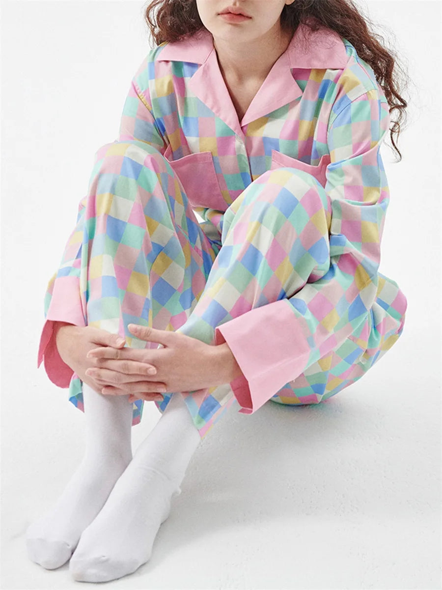 Women 2 Piece Pajamas Set Colorful Plaid Print Long Sleeve Button up Shirt and Elastic Pants for Loungewear Soft Sleepwear Pjs