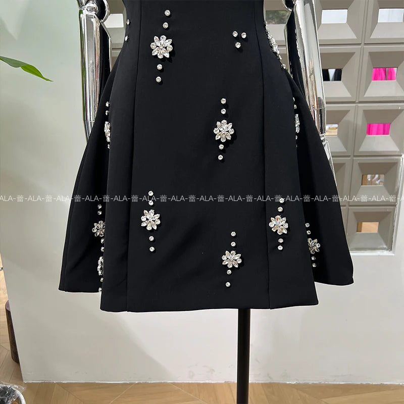 High-end Light Luxury Party Dress 2025 Summer Clothes New Heavy Industry Diamond Square Collar Waist Halter Bow Short Dress