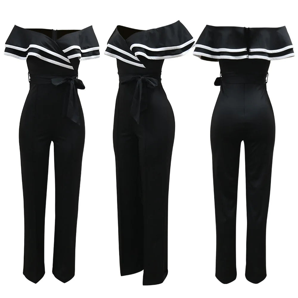CM.YAYA Women V-neck Off Shoulder Ruffles Wide Leg Jumpsuits 2024 Summer Fashion Sexy Party Playsuit One Piece Suit Rompers