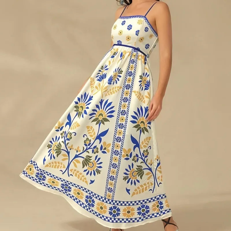 Sexy Women's Off Shoulder Summer Long Dress Casual Bohemian Pleated Sling Dress Graffiti Printed High Waist Beach Dress Vestidos