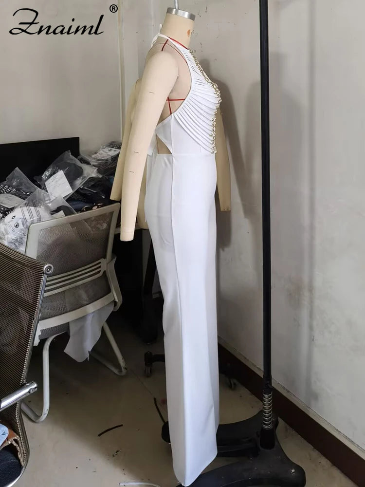 Znaiml Elegant Long Jumpsuits for Women Summer Sleeveless Halter Lace Up Backless Bandage Wide Leg Pants Rompers One Pieces 2025