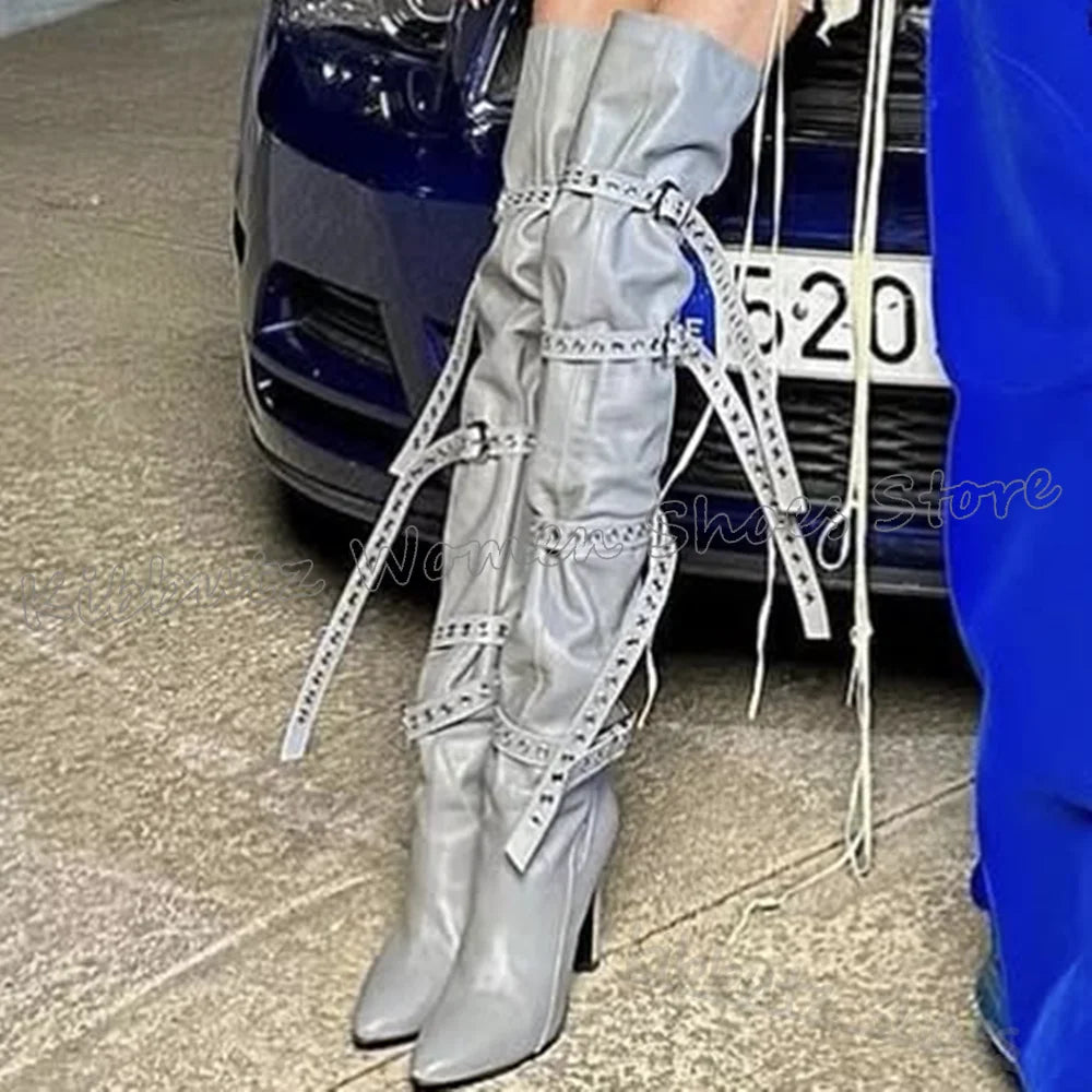 Above The Knee Boots Belt Buckle Pointed Toe Chunky Heels Solid Color Leather Fashion Luxury Elegant Concise Spicy Girls Shoes
