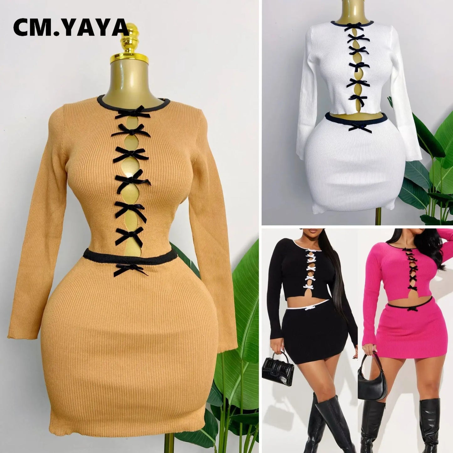 CM.YAYA Knit Ribbed Women's Set Long Sleeve Bowknot Tops and Mini Skirts 2025 Street Party Two 2 Piece Sets Outfits Tracksuits