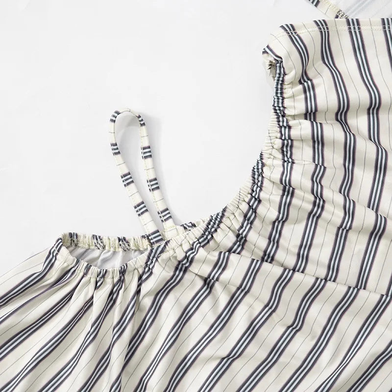 Joskaa Striped Print Cutout Jumpsuits Women Hipster Sexy Oblique Shoulder Backless Skinny One Piece Rompers Midnight Clubwear