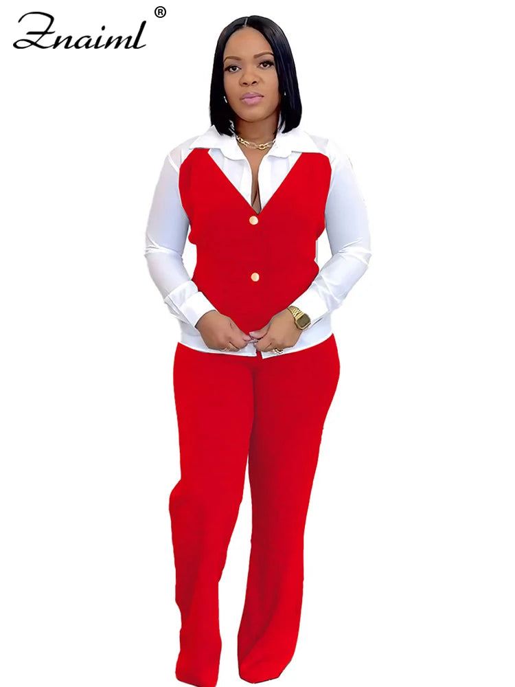 Znaiml Elegant Office Women's Long Sleeve Patchwork Vest Shirt and Straight Pants Two 2 Piece Sets Work Suits Matching Outfits