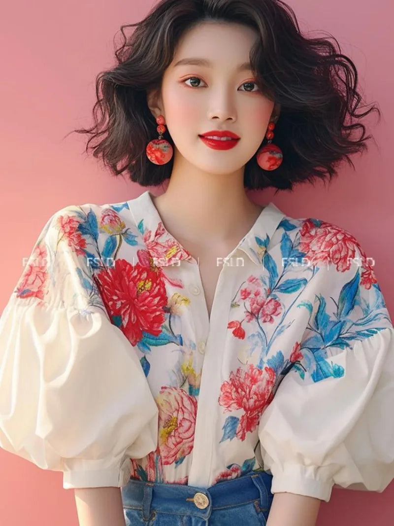 French Style Blouse with Bubble Sleeves and Floral Patterns 2024 New Women's Summer Collection Shirt