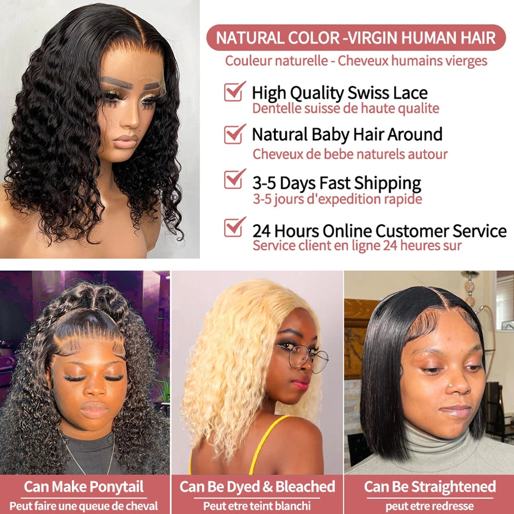 Short Curly Bob Wigs Human Hair 250% Glueless Brazilian Closure Frontal Wigs Without Glue Pre Cut Lace Wigs For Women On Sale