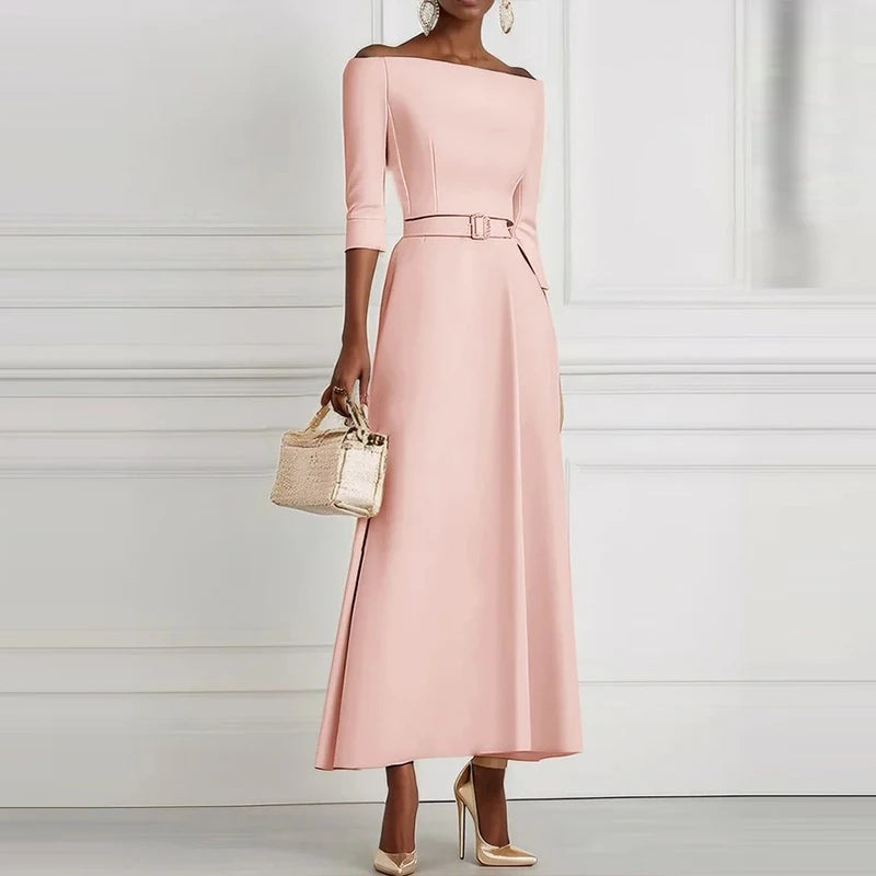 Women Sexy Off Shoulder Half Sleeve Party Dress Elegant Temperament Waist Solid Long Dress Fashion Draped Belt Tie-Up Maxi Dress