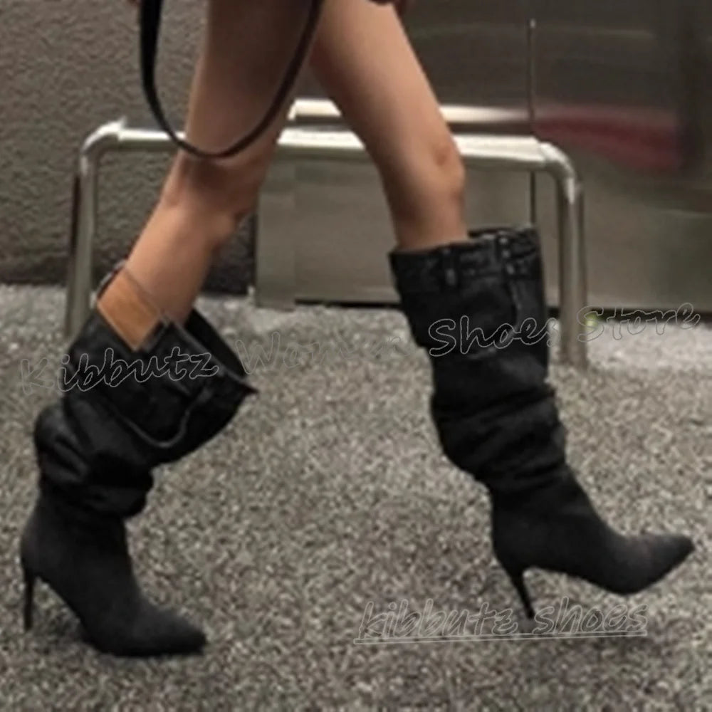 Pocket Over The Knee Boots Denim Cloth Slip-On Bottom Solid Color Novelty Fashion Concise Sexy Hot Girls Shoes Pointy Thin Heels