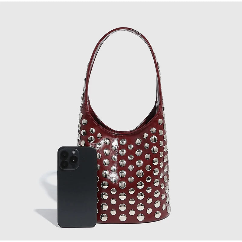 New Rivet Series Bucket Bag Motorcycle Texture Trendy Handbag Tortoise Shell Sequins Versatile Simple Fashion Soft Bag Lady Bag