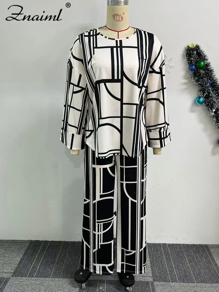 Znaiml Fashion Printing Wide Leg Pants Sets for Women O Neck Long Sleeve Loose Top and Trousers Two Pieces Streetwear Outfits