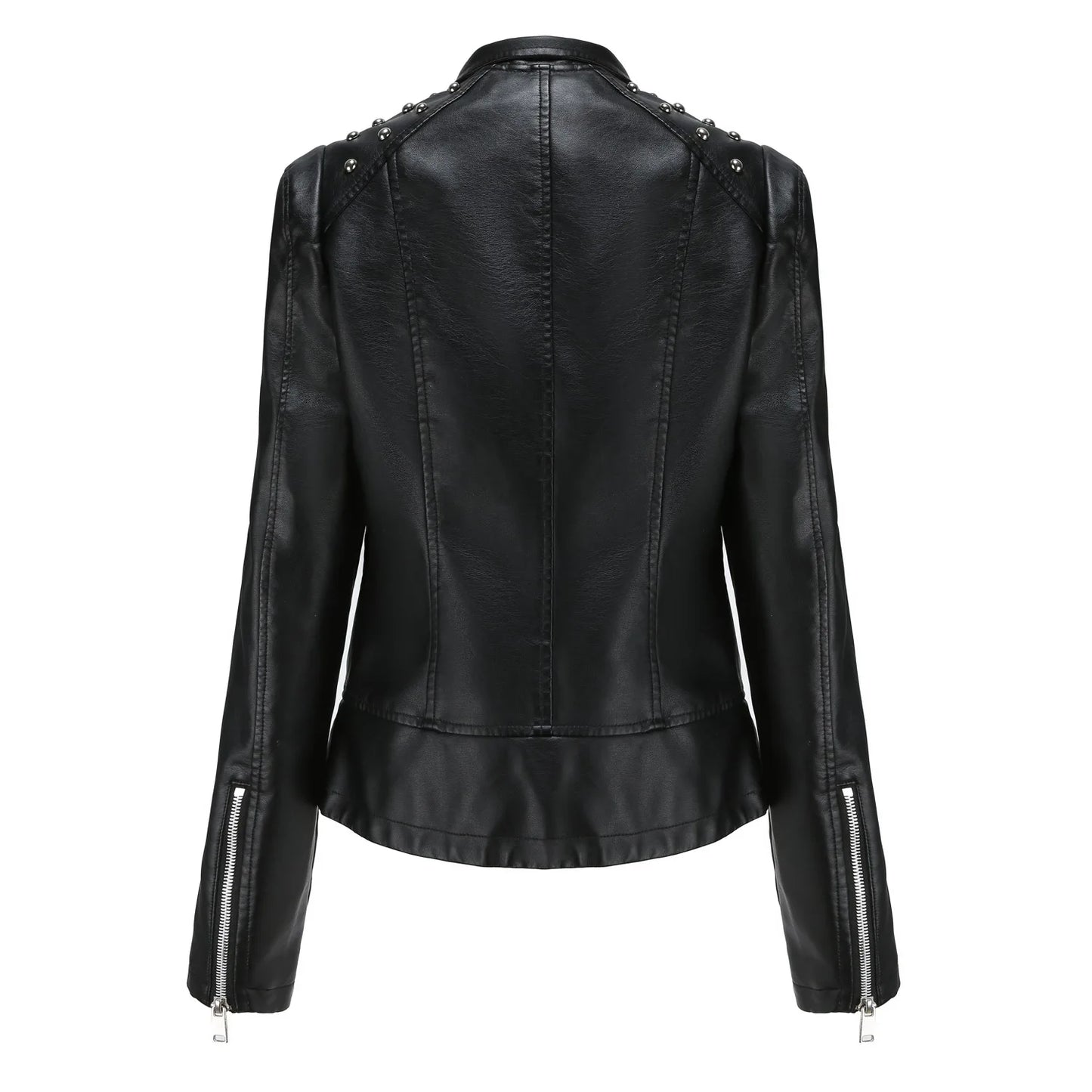Women's Punk Rivet Leather Jacket Spring Autumn Retro Turndown Collar Slim Casual Ladies Faux Soft Leather Moto Biker Outerwear