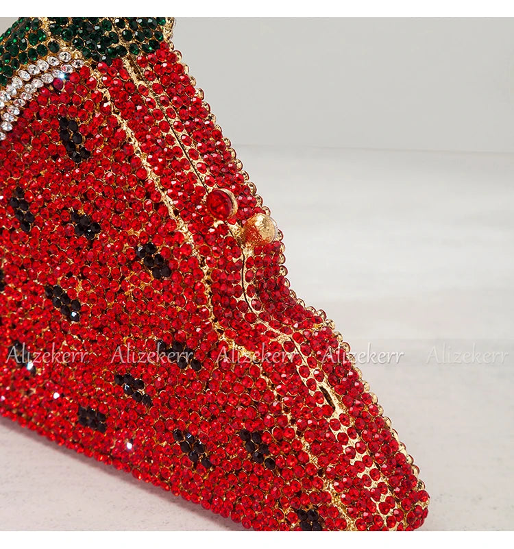 Alizekerr Pizza Shaped Diamond Evening Clutch Bags 2024 New Gorgeous Unique Metallic Watermelon Rhinestone Purses Wedding Party
