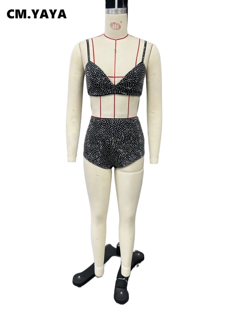 CM.YAYA Diamonds Hot Rhinestones Sexy Party Women's Set Open Stitch Blazer Top + Bra and Shorts 2025 Two 2 Piece Sets Outfits