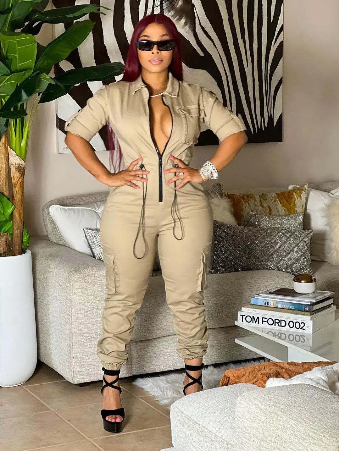 CM.YAYA Women Safari Style Short Sleeve Zipper Fly Pocket Side INS Zipper Fly Jumpsuit Fashion Casual One Piece Suit Playsuit