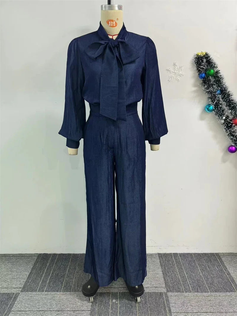 Lmitation Denim Pant Sets Womens 2 Piece Outfit Loose Fit Lantern Sleeve Bow Tie Shirt Top and Wide Leg Pants Matching Sets