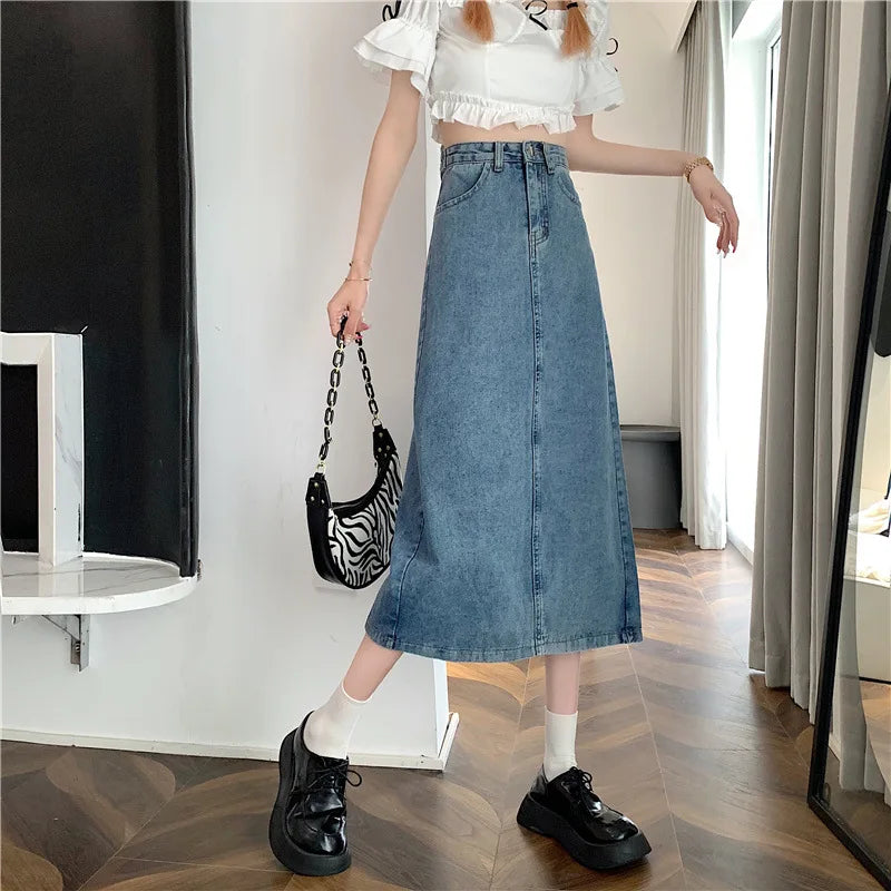 New 2022 Spring-Autumn Medium-Length Denim Skirt For Women High-Waisted Slimming Plus Size Curvy Girls A- Line Hip Covering Skir