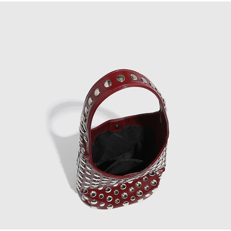 New Rivet Series Bucket Bag Motorcycle Texture Trendy Handbag Tortoise Shell Sequins Versatile Simple Fashion Soft Bag Lady Bag