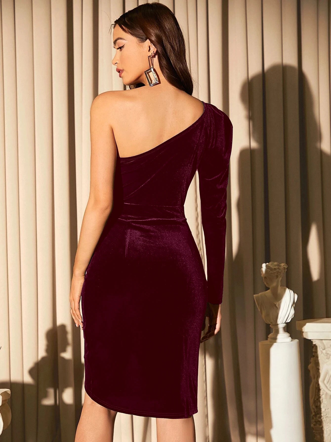Fashion Asymmetric One Shoulder Velvet Dress Women's Elegant Party Bodycon Midi Evening Gown