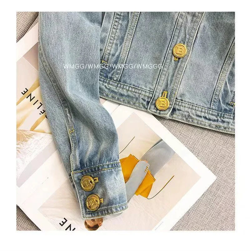 Short 2023 New Design Sense Heavy Industry Denim Coat Korean Wash Fashion Short Style Temperament Top Metal buckle Denim Jacket