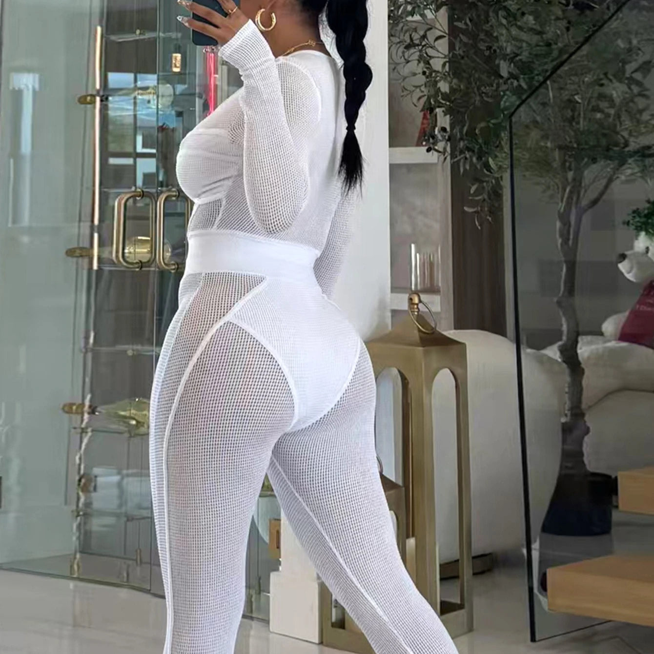 FAGADOER Sexy Hollow Out Bodycon 2 Pieces Set for Woman Mesh See Through Long Sleeves Tops + Leggings Matching Female Streetwear