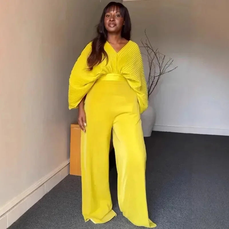 Pleated Blouse V Neck Full Sleeve and Wide Leg Pants Women Loose 2 Pieces Sets Elegant Office Ladies African Outfits 2025