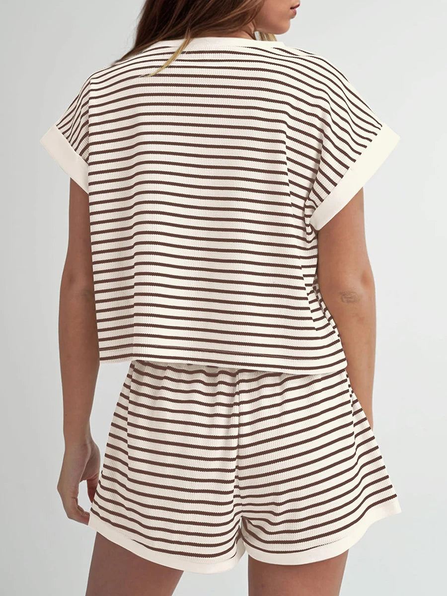 Women’s Casual 2 Piece Outfits Summer Short Sleeve Stripes Print Tops + Elastic Waist Shorts Set Loungewear for Sports Work Out