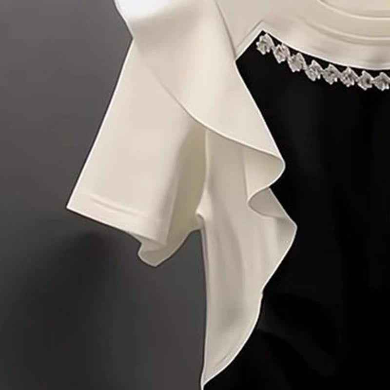 French style fashion ruffled three-dimensional disc color block T-shirt short sleeve women's summer new patchwork casual top