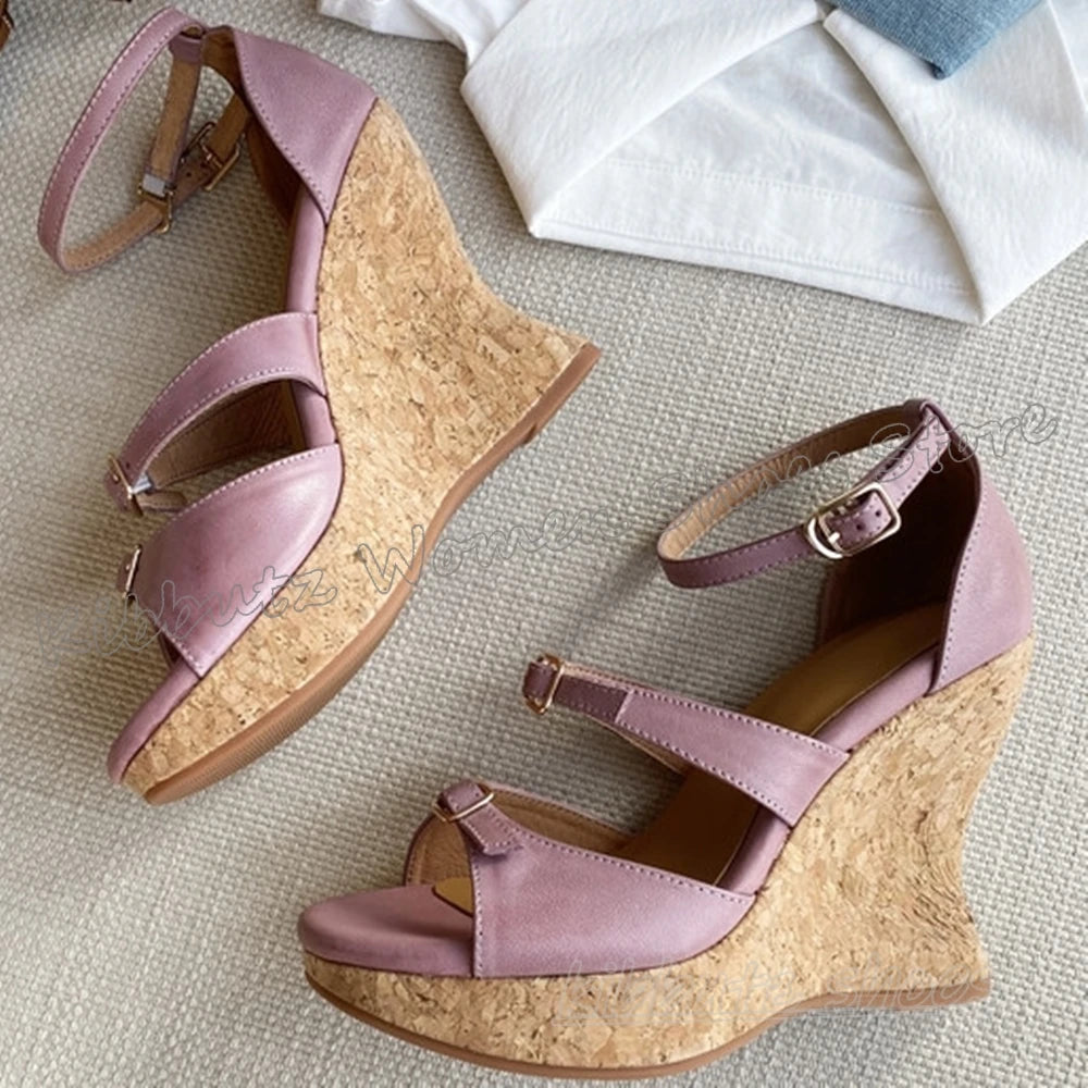 Wedges Sandals Round Toe Belt Buckle Leather Mixed Color Novelty Fashion Elegant Concise Sexy Women Summer Beach Party Shoes New