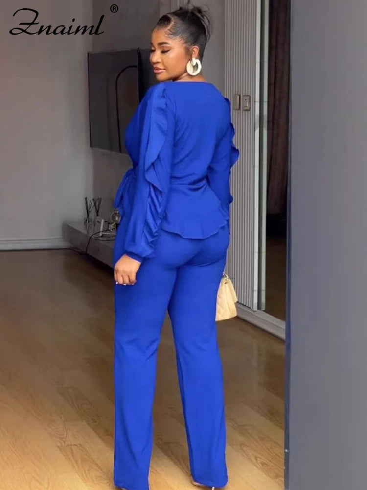 Znaaiml Elegant Blue 2 Piece Pants Sets Women Lantern Sleeve Drawstring Ruched Ruffles Top and Trousers Casual Street OL Outfits