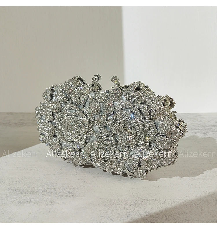 Alizekerr Rose Crystal Evening Clutch Bags Women New Luxury Boutique Sparkling Diamond Flower Purses And Handbags Wedding Party