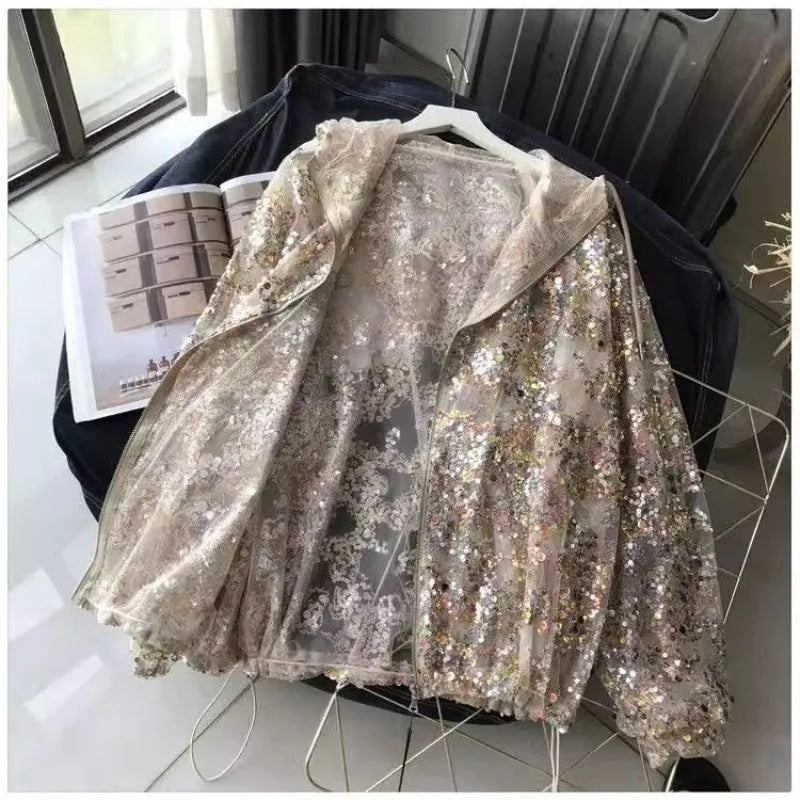 2025 Summer New Sunscreen Clothing Women's Coat Glitter Hollow Out Coat Thin Fashion Long Sleeve Hoodie