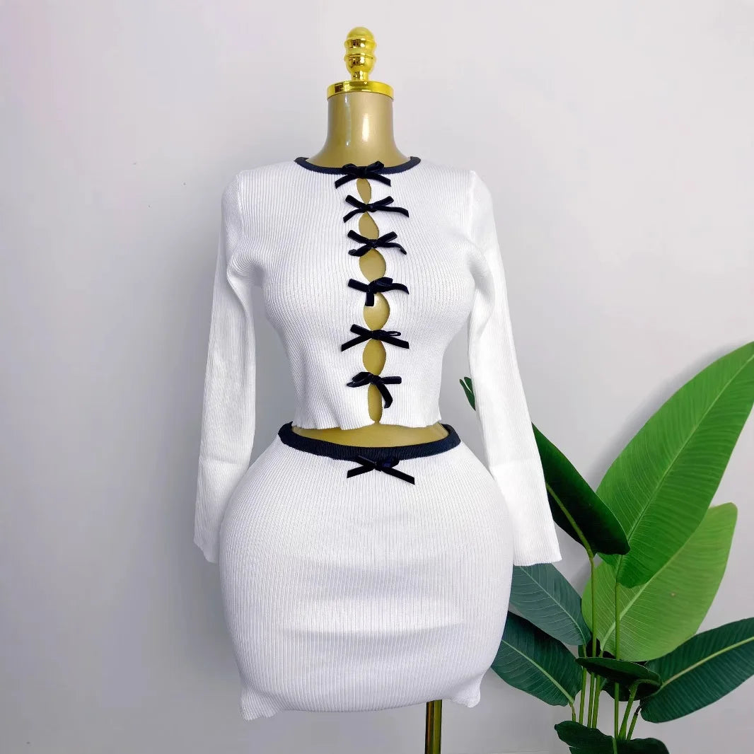 CM.YAYA Knit Ribbed Women's Set Long Sleeve Bowknot Tops and Mini Skirts 2025 Street Party Two 2 Piece Sets Outfits Tracksuits